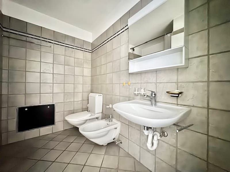 tiled wall and floor, toilet, bidet, sink with faucet, mirror, white shelves