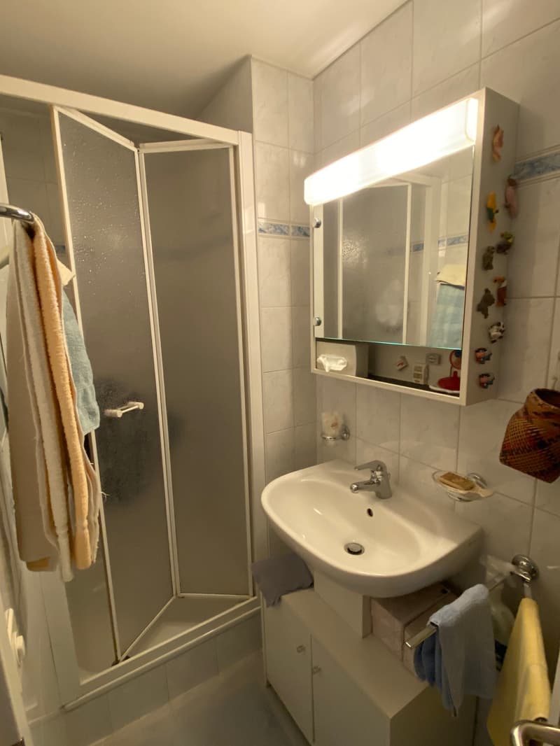 A small bathroom with a shower, sink, cabinet, and towels