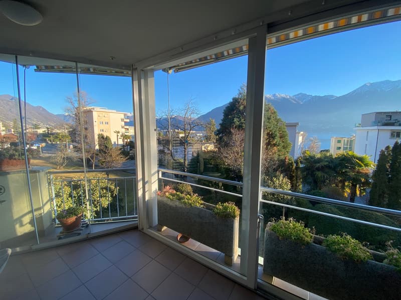 glass sliding doors, metal railing, large potted plants, beautiful view of mountains and city
