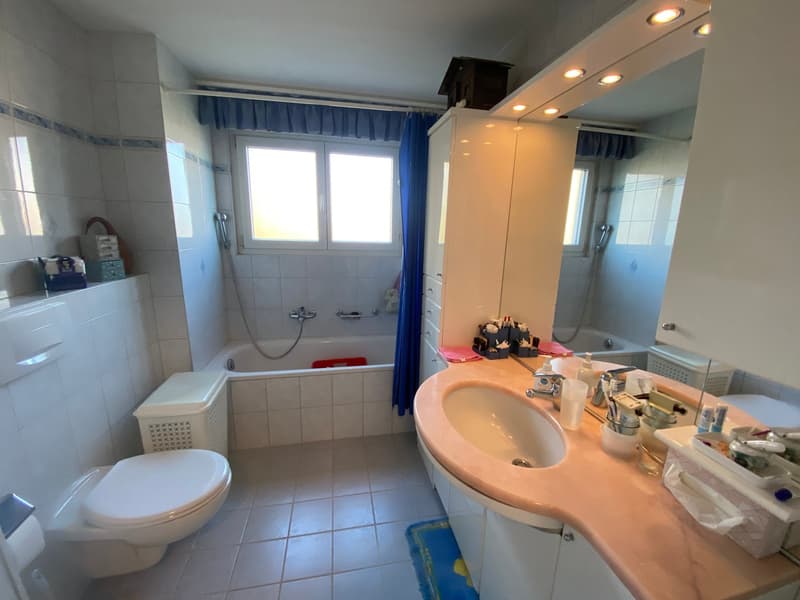 Modern bathroom with a bathtub, shower, toilet, vanity, and a large mirror.
