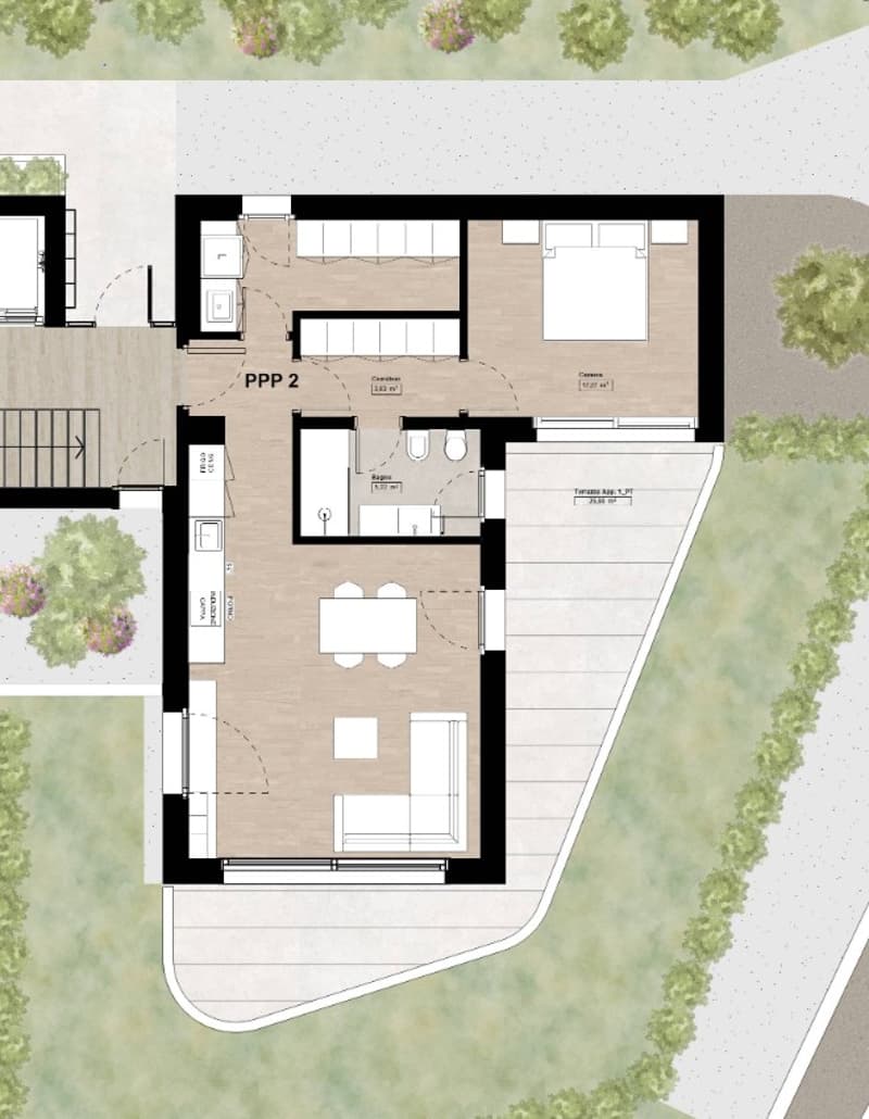 Living area, kitchen, bedroom, bathroom, terrace
