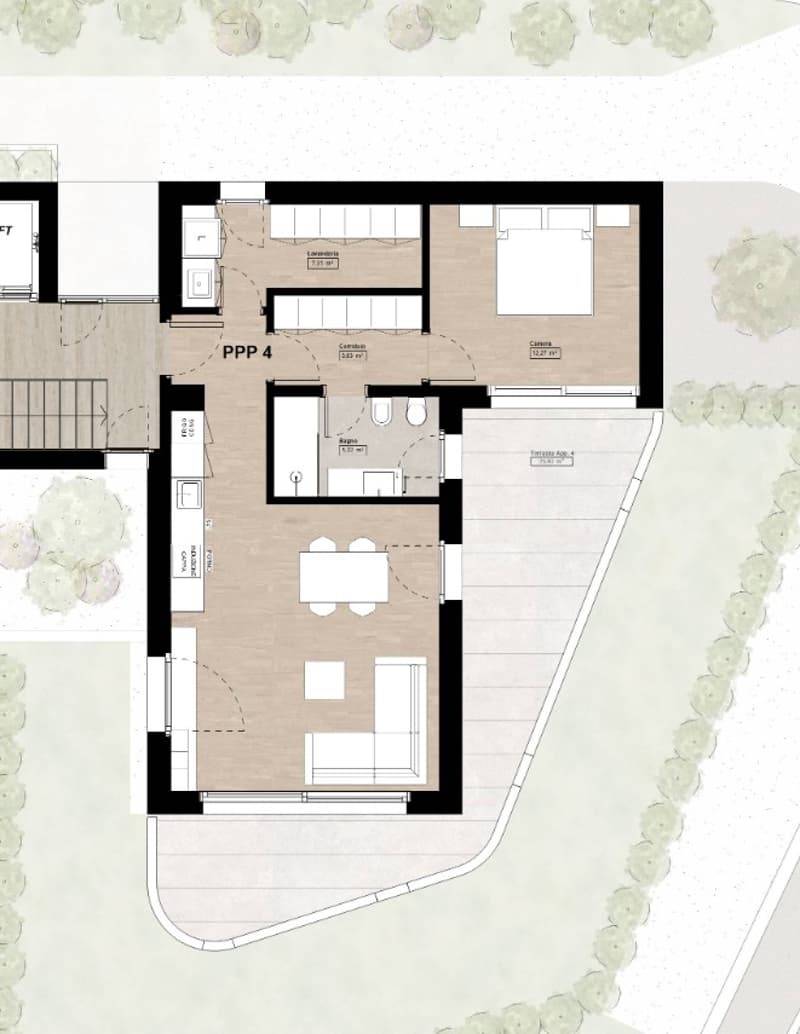 Open-concept living space, kitchen, dining area, three bedrooms, two bathrooms, laundry room, balcony