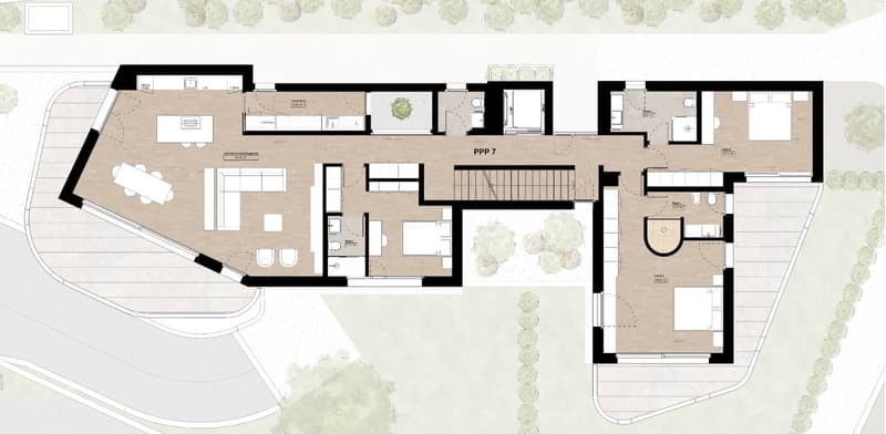 Living room, dining area, kitchen, 4 bedrooms, 3 bathrooms, terrace, patio