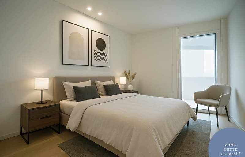 A bedroom with a white bed, nightstands with lamps, a chair, an open glass door, and a gray rug. There is an accent wall behind the bed with two large framed black and white paintings.