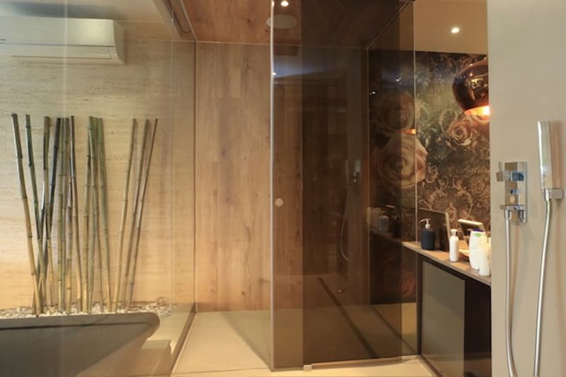modern bathroom, wooden wall, glass enclosure, tub, bamboo plant, shower, air conditioner