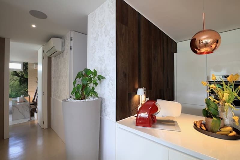 open room with white walls and wooden accents, potted plant, large window, table with flowers and fruits, kitchen appliance, copper pendant light