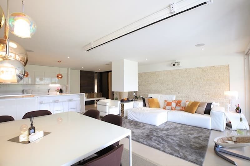 modern furniture, white walls, open concept, large windows, balcony