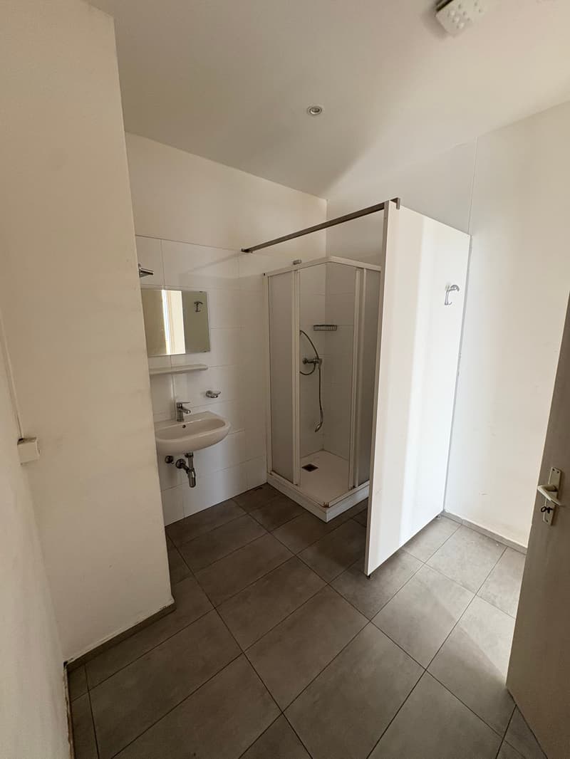 Tiled bathroom, sink, mirror, walk-in shower, open door
