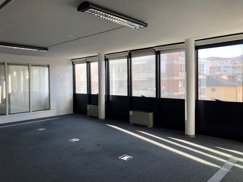 Empty room with white walls, black floor, large windows, and ceiling lights.
