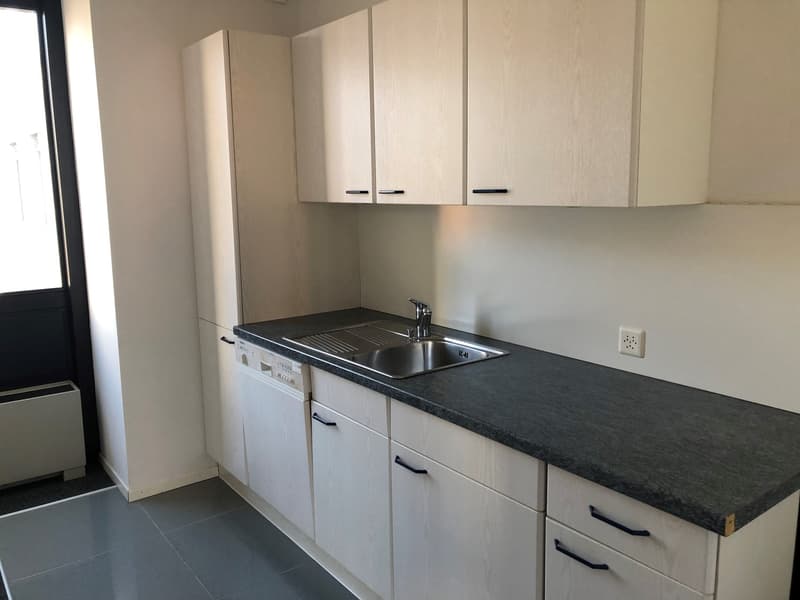 Modern kitchen with white cabinets, granite countertop, stainless steel sink, and a dishwasher.