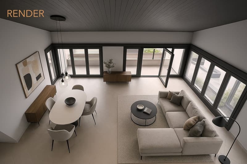 modern open-plan living area, large windows, balcony, dining table, couch, coffee table, lamp