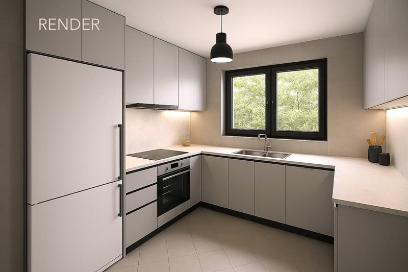 modern white kitchen, island with built-in sink, built-in dishwasher, induction hob, built-in oven, fridge, cabinets, countertop