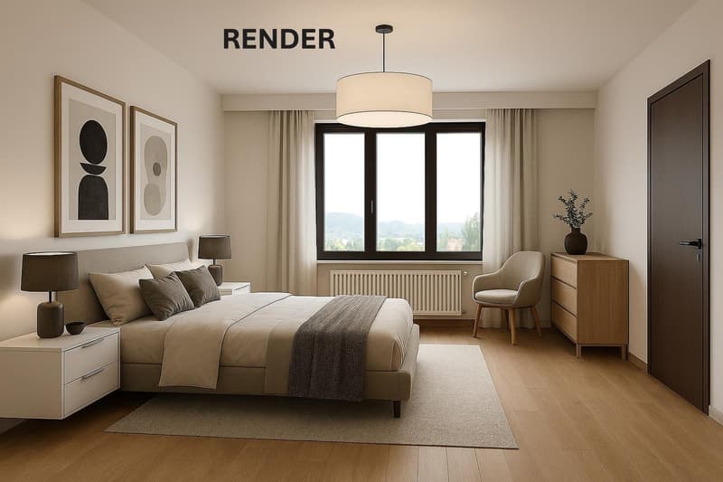 Double bed, lamp, chair, dresser, radiator, window, curtains, frame