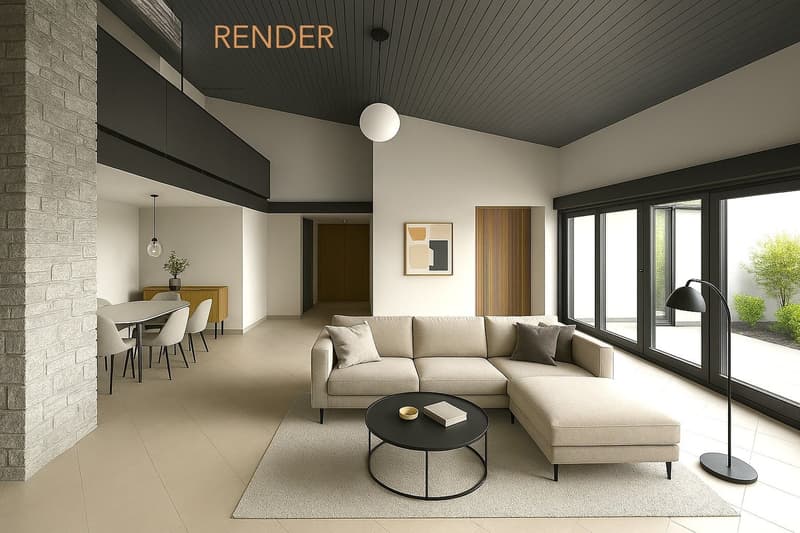Modern living room with white walls, beige couch, black round coffee table, dining area, panoramic windows