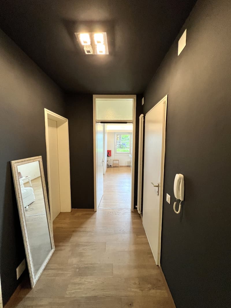 wooden floor, black walls, hallway mirror, door on the right, open door at the end of the hall, light fixtures on the ceiling