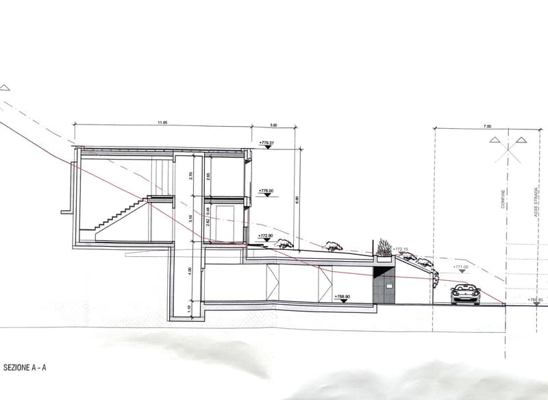 main floor with stairs, raised ground floor, car parking