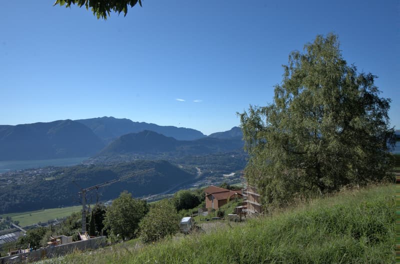 hillside with lush vegetation, overlooking valley and mountains, building in progress, crane