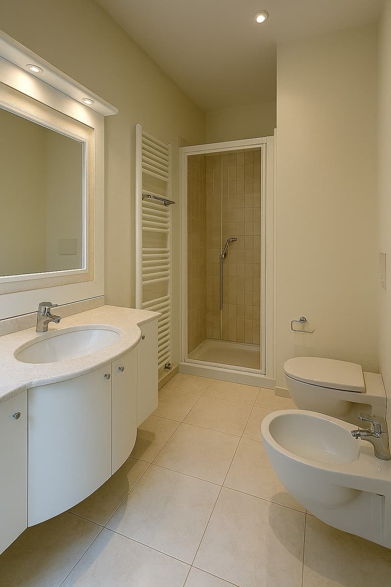 Modern bathroom with double sink vanity, mirror, toilet, bidet, walk-in shower, and a towel rack.