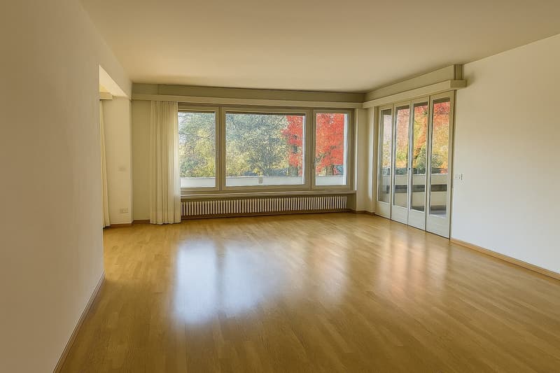 large room with wooden floors, white walls, sliding doors, large windows, curtains, and balcony