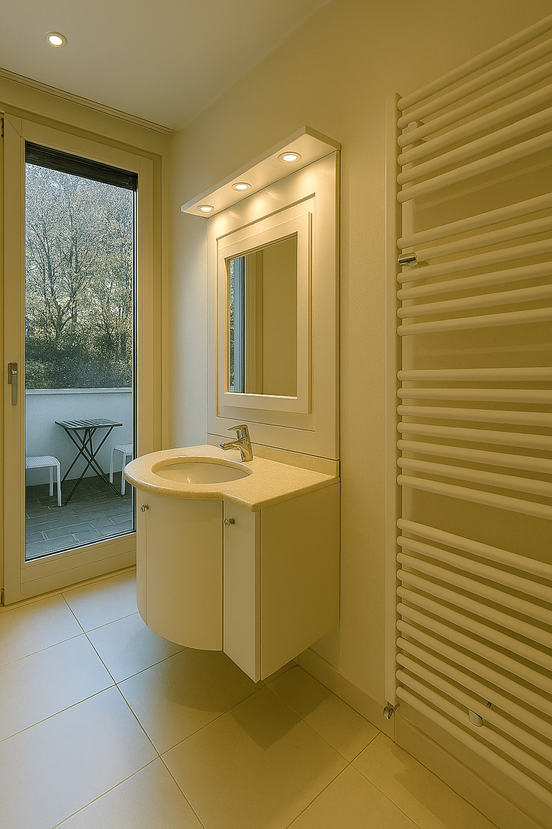 white tiled floor, round sink, large mirror, corner cabinet, ceiling lights, bathroom heater, balcony