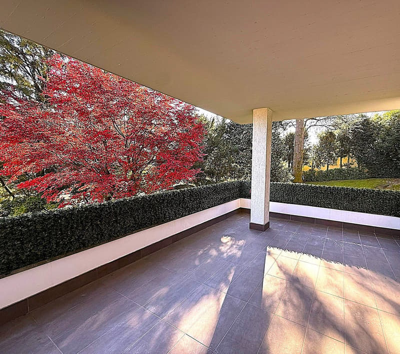 covered terrace, wooden floor, view of red maple tree, surrounding greenery