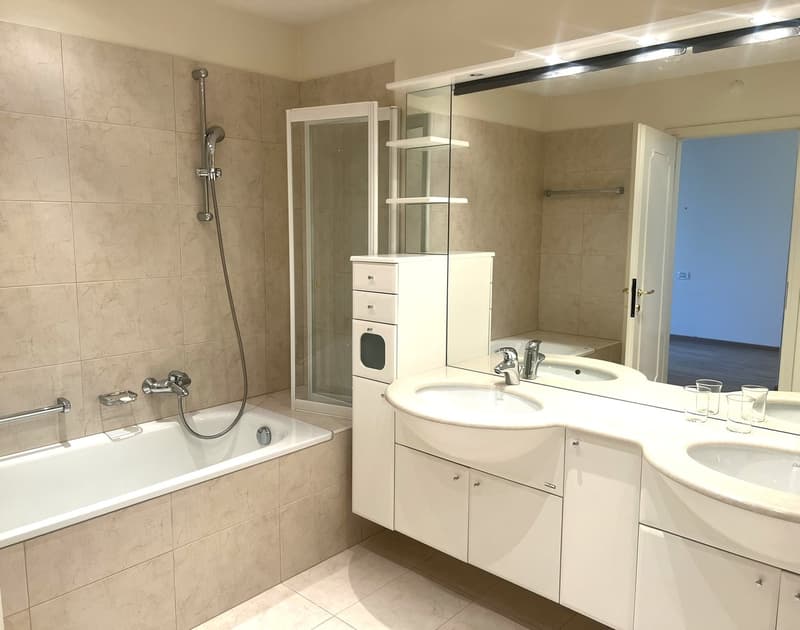 Large bathroom with bathtub, shower, double sink, mirror, and white cabinets
