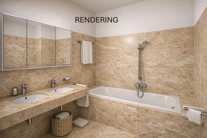 Bathroom with beige tiles, two sinks, a bathtub, a mirror, and a towel rack.
