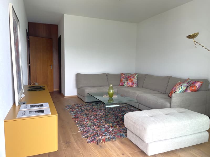 Living room with a gray sofa, glass coffee table, yellow console table, and a rug on the floor.