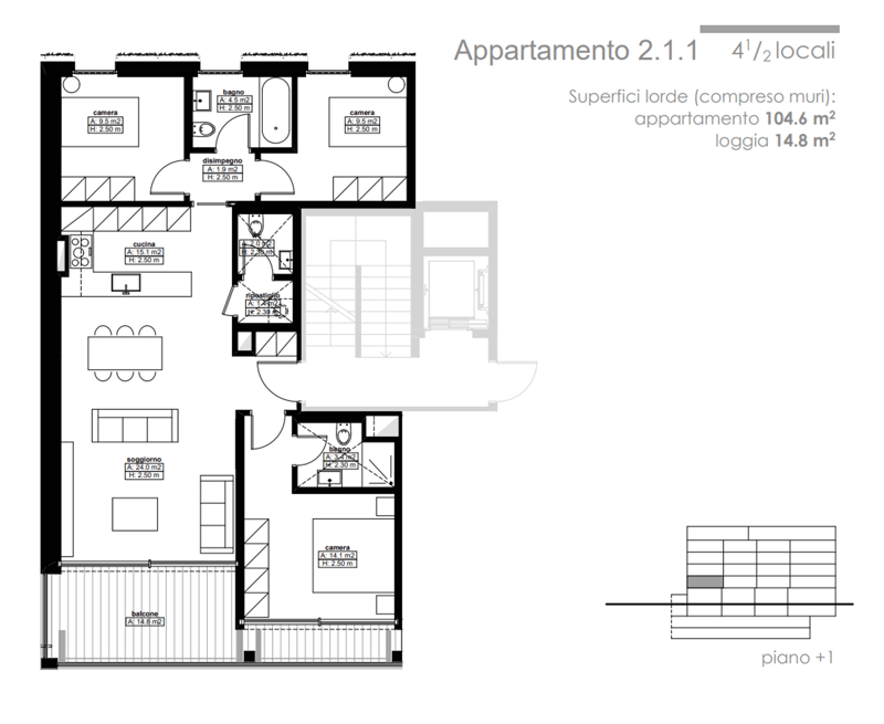 The image shows the floor plan of an apartment with 4 1/2 rooms. The apartment has a total surface area of 104.6 m2, including a balcony of 14.8 m2. The floor plan includes a living room, kitchen, 2 bedrooms, 2 bathrooms, and a balcony.