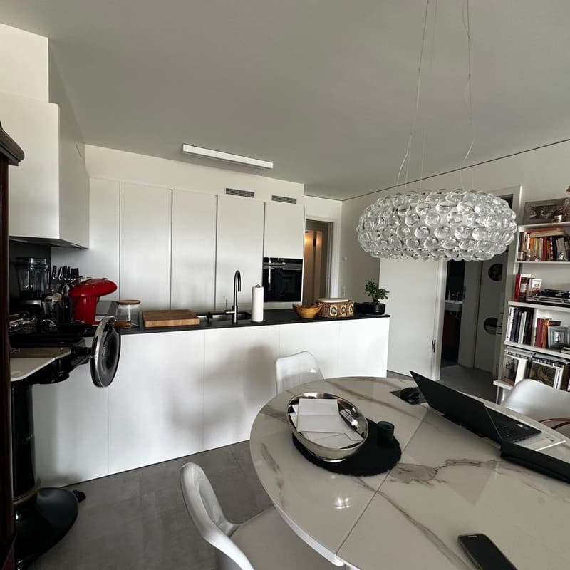 Modern, open-concept kitchen with white cabinets, black countertops, stainless steel appliances including a dishwasher, and a large, decorative pendant light fixture over a round dining table.
