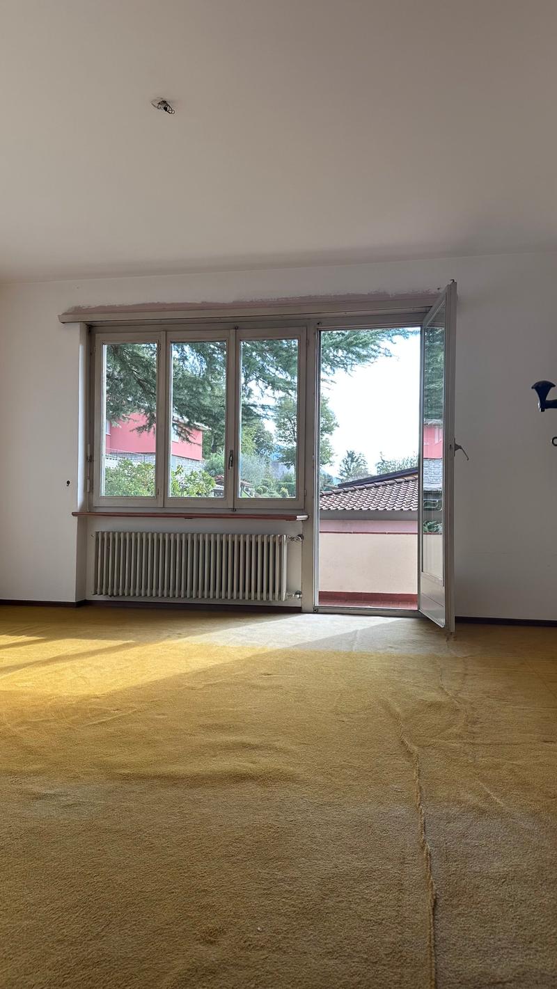 Spacious room with large windows overlooking a balcony or terrace, hardwood floors, and a radiator heater on the wall.