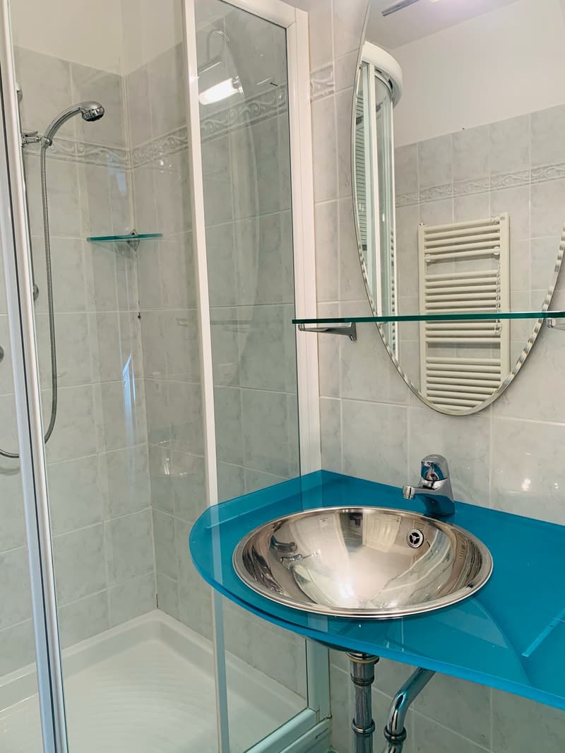 Modern bathroom with shower stall, vanity with sink, mirror, and blue countertop.