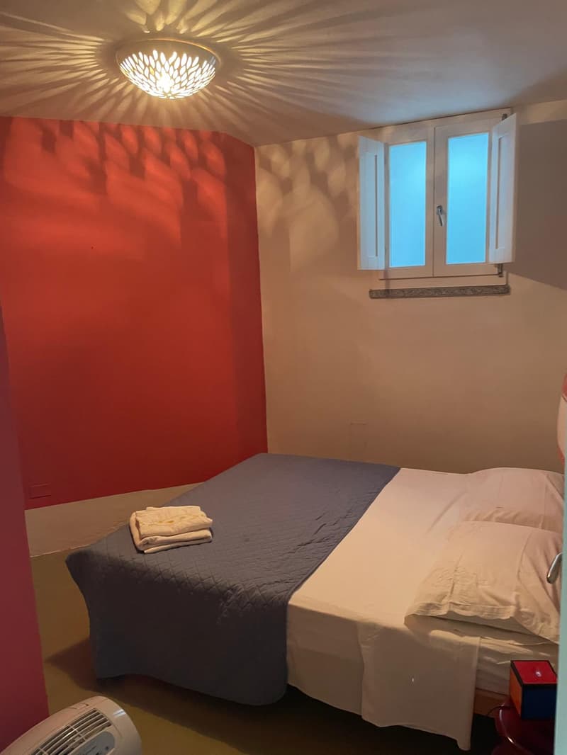 small room, bed with two pillows, one folded blanket, red and beige wall, window, ceiling lamp, small heater