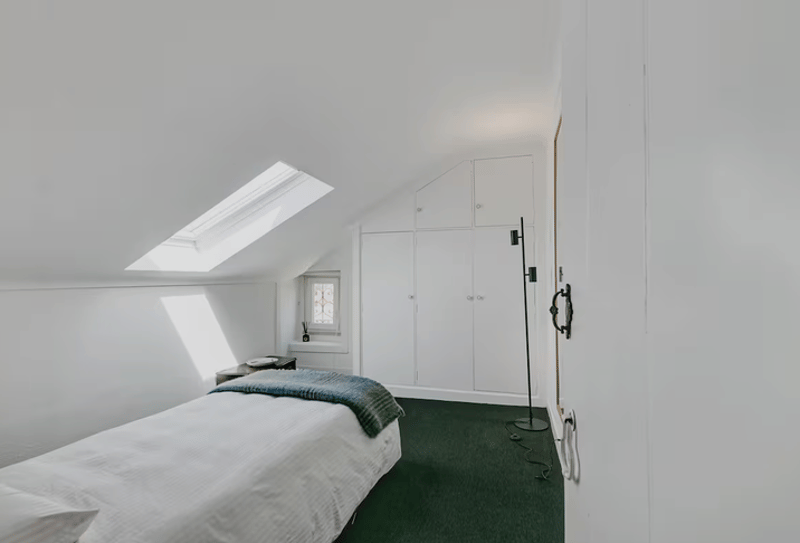 small bedroom with single bed, wardrobes, skylight, green carpet