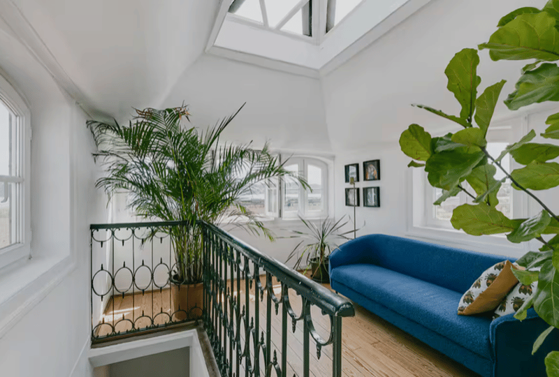 white walls, wooden floor, blue couch, plants, black railing, skylight