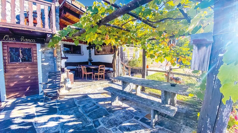 Garden: stone bench, table, chairs, plants, balcony, wall, door
