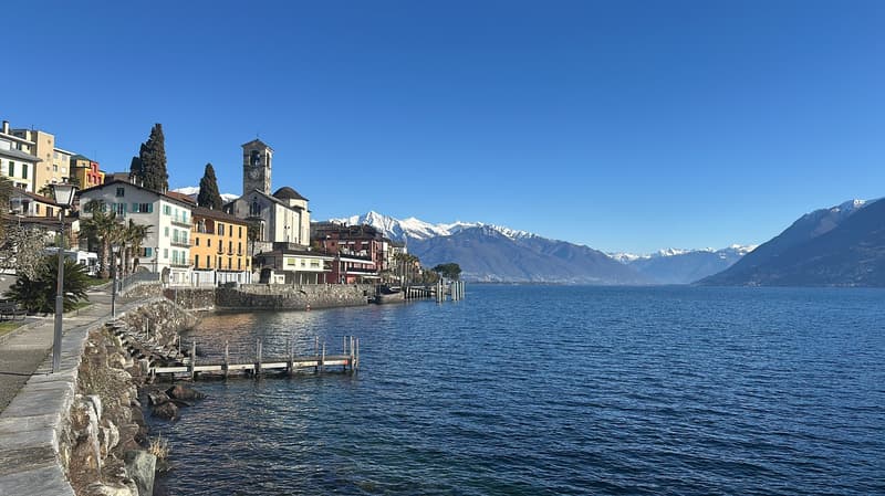 Lakefront with buildings, mountains, trees, road, and blue sky.
