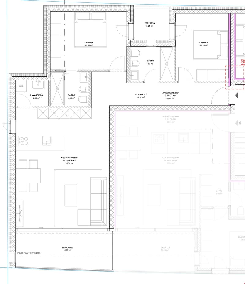 The floor plan shows a residential apartment with two bedrooms, two bathrooms, a living room, a kitchen, a laundry room, and multiple terraces.