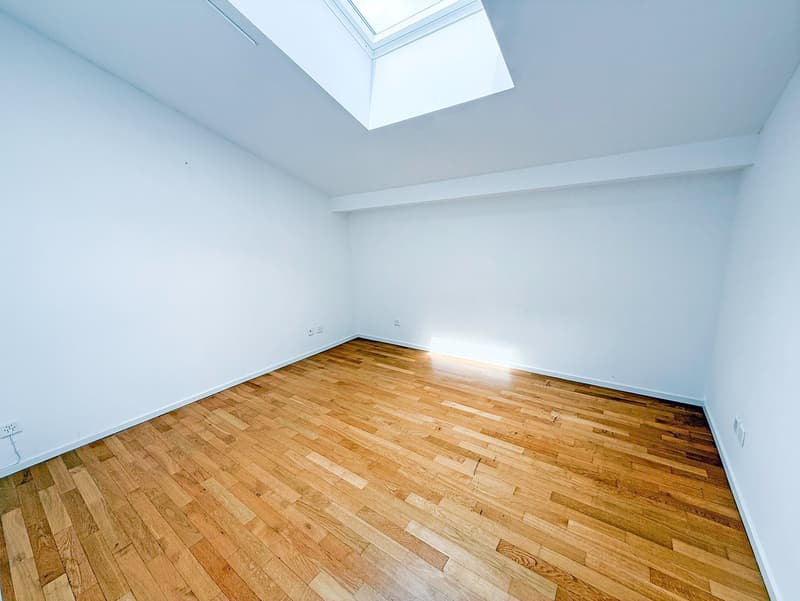 Bright, spacious room with hardwood flooring and a skylight providing natural light