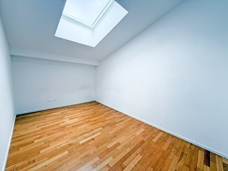 Empty room with white walls, hardwood floor, and a skylight window in the ceiling.