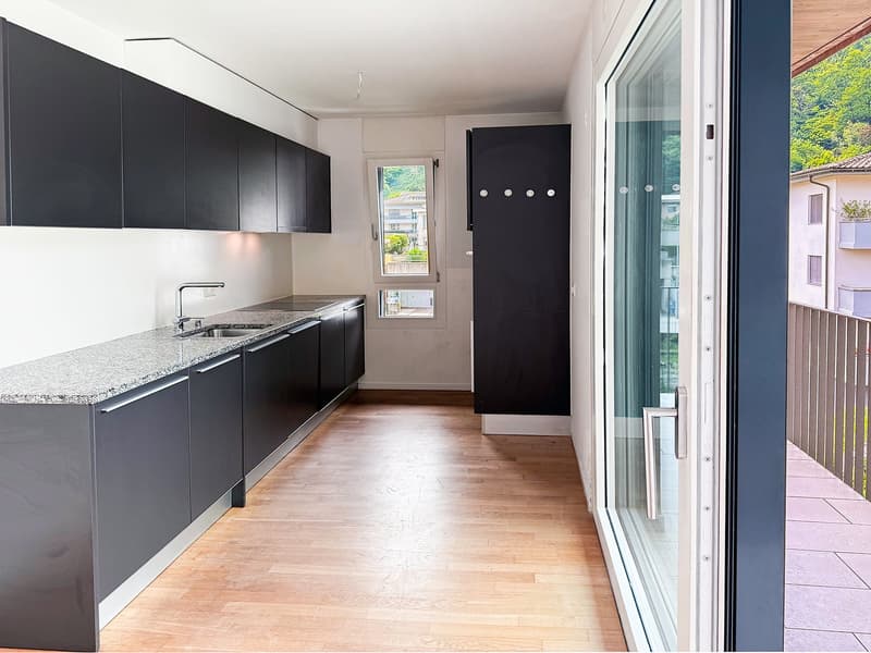 Modern kitchen with black cabinets, granite countertop, and large sliding glass door leading to a balcony or terrace with a view of the surrounding greenery.