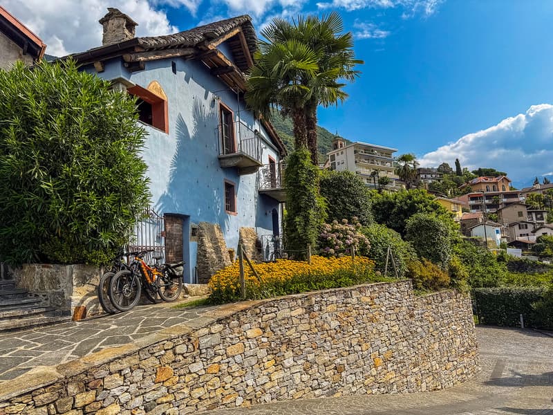 Two-story house with blue exterior, stone walls, balconies, palm trees, and colorful flowers in the garden