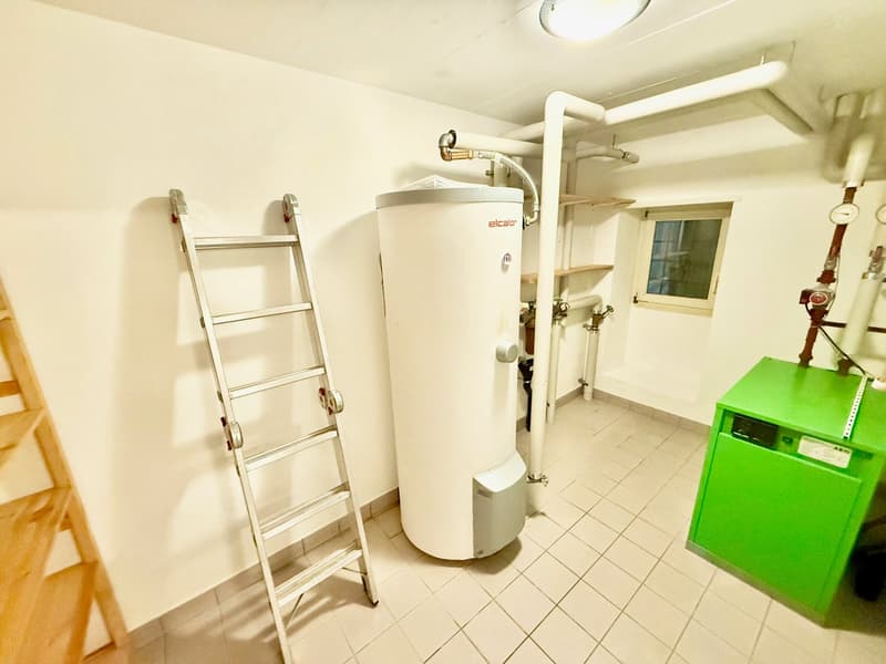 A white tank water heater, a green water heater, a ladder, and shelves are visible.