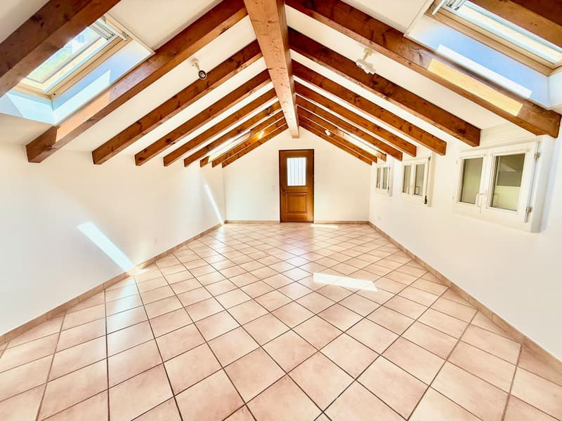 attic room, wooden beams, tiled floor, skylight windows, door