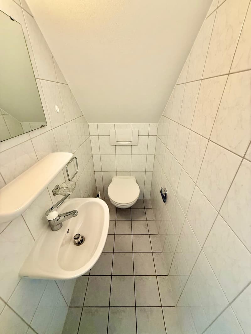 Compact bathroom, white ceramic tiles, sink, toilet, mirror, white fixtures, wall-mounted tissue holder, small footprint