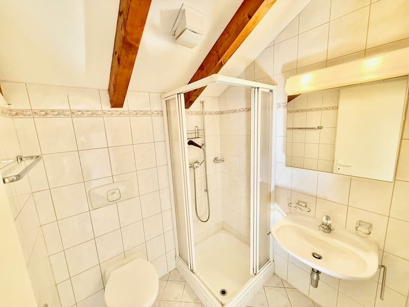 Bathroom with white tiles, toilet, shower, sink, mirror, and wooden beams on ceiling