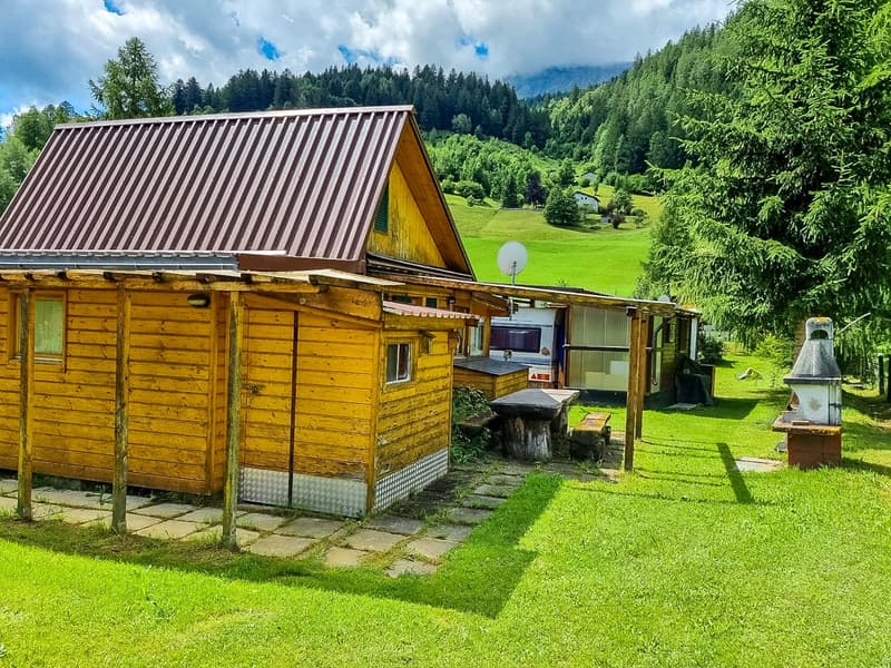 Wooden house with a brown metal roof, yellow walls, porch, green lawn, distant mountain range