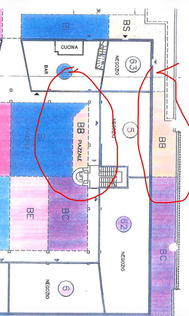 Floor plan includes a kitchen, a bar, two lifts, an elevator, multiple rooms marked as BB and BC, and stair symbols