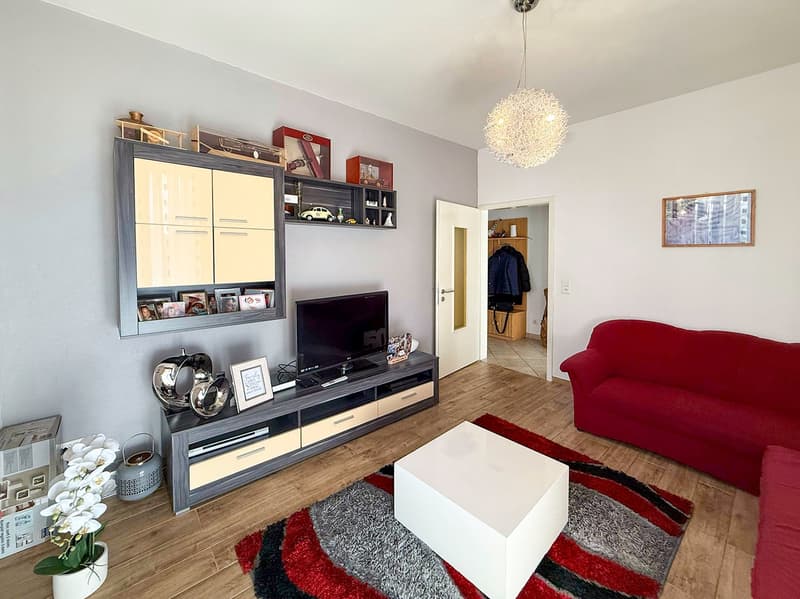 Living room with wooden floor, red couch, entertainment center, carpet, TV, and a table with a flower vase