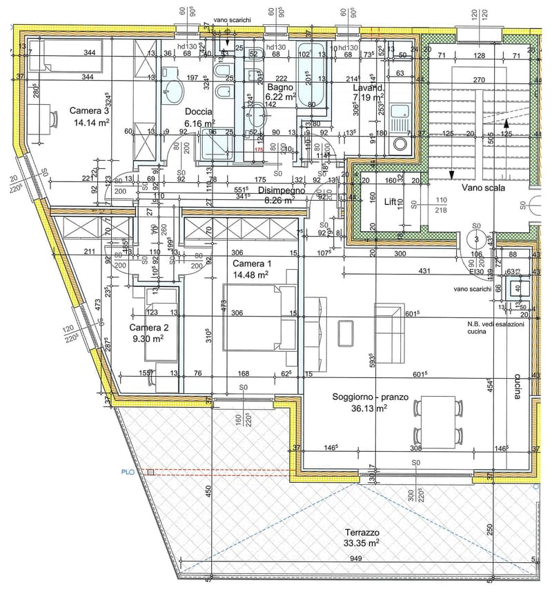 Multiple room layout with measurements and labels, including balconies, garages, and lifts, covering an area of 36.13 m².